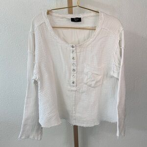 Vici white mixed Textured Button-Down Shirt- oversized small